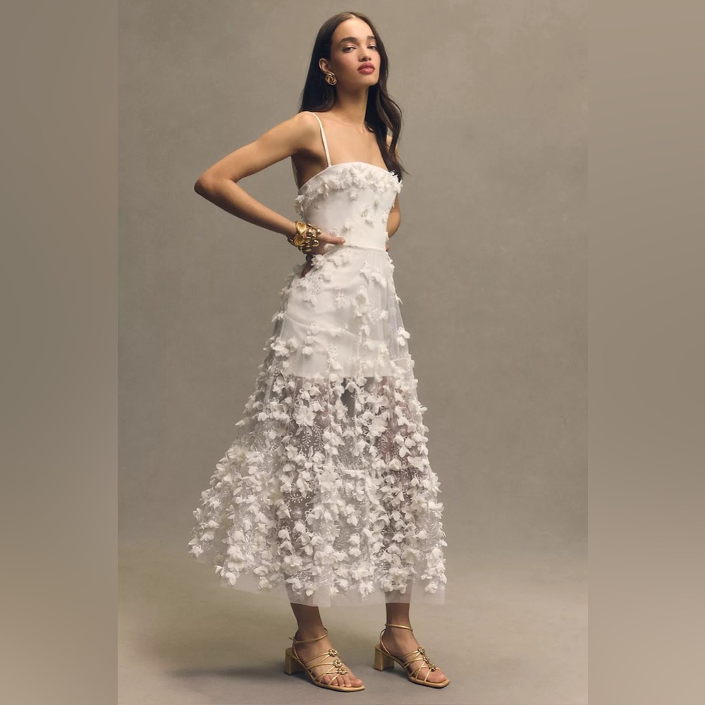 NWT Anthropologie Helsi Audrey Square-Neck Floral Applique Sheer Midi Dress—XL